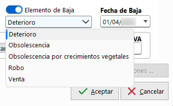 Casilla Elemento de baja en ClassicConta 7.